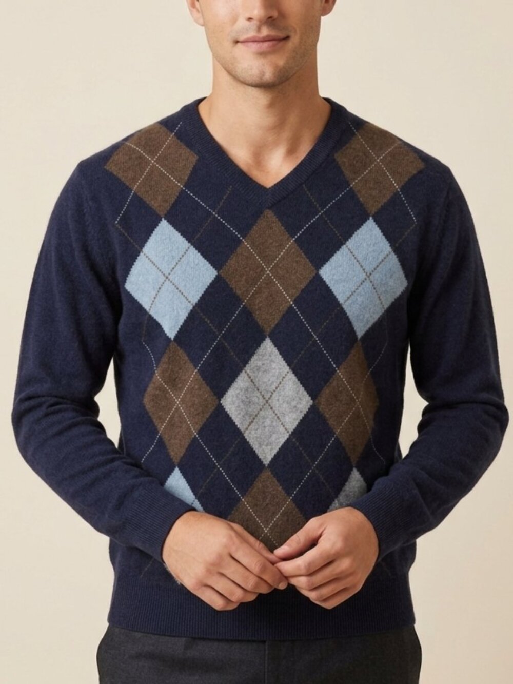 100% Cashmere Argyle Sweater in Navy and Brown by Paolo Mondo